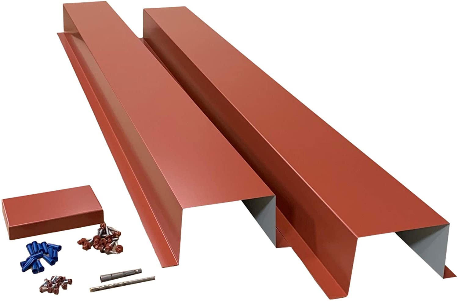 A PermaCover HVAC Line Set Cover that consists of two 5 FT sections. The cover is meant to install to extend existing HVAC line sets.  The cover is made from 26 Gauge Painted Steel in the color Barn Red. 