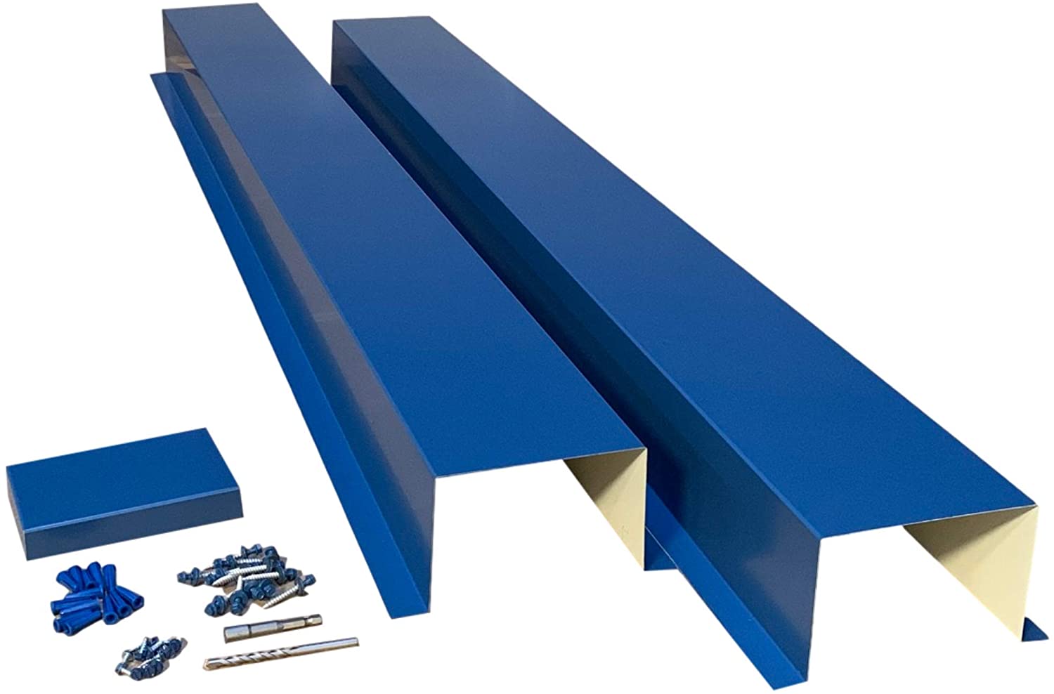 A PermaCover HVAC Line Set Cover that consists of two 5 FT sections. The cover is meant to install to extend existing HVAC line sets.  The cover is made from 26 Gauge Painted Steel in the color Regal Blue. 