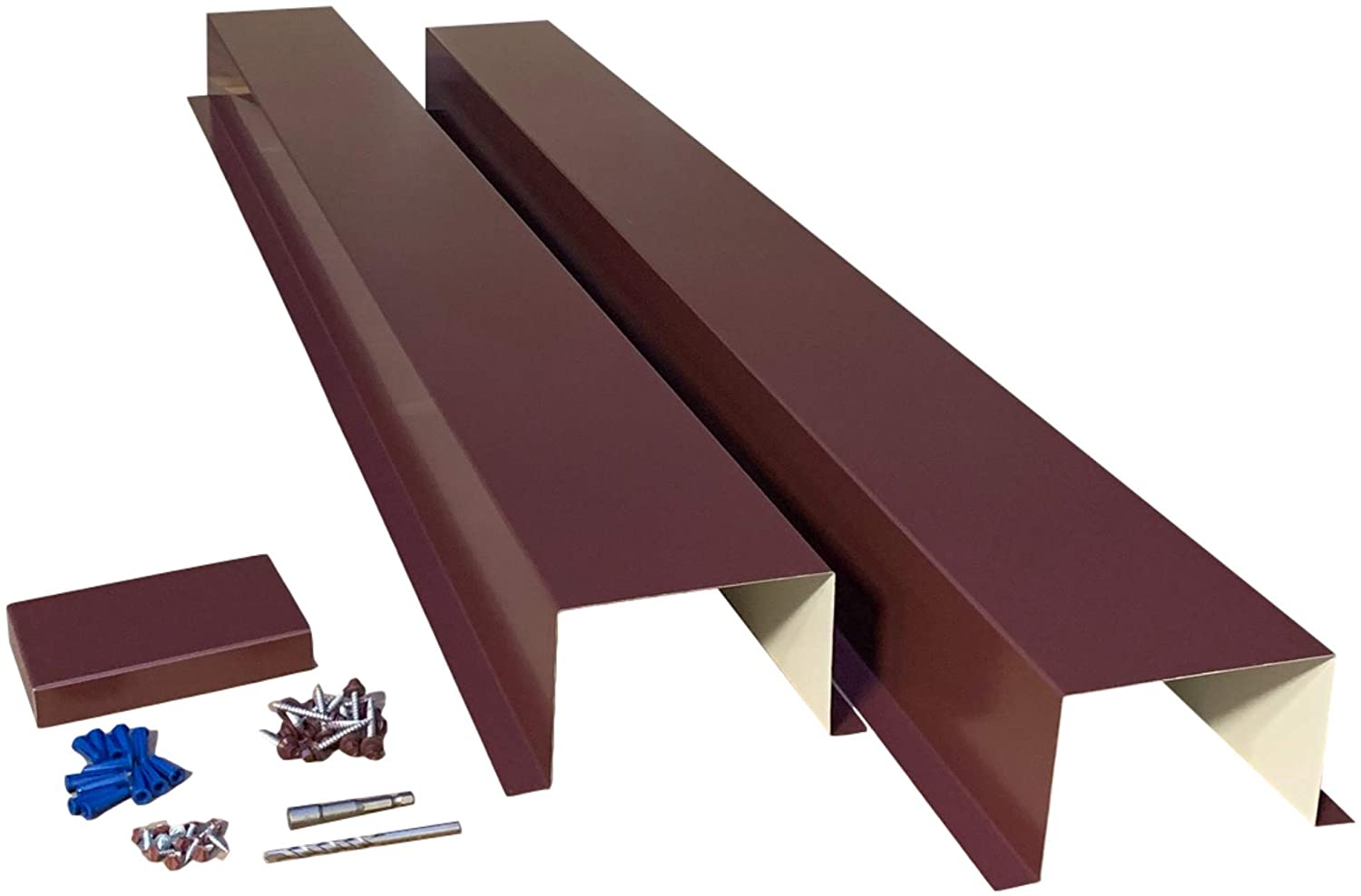 A PermaCover HVAC Line Set Cover that consists of two 5 FT sections. The cover is meant to install to extend existing HVAC line sets.  The cover is made from 26 Gauge Painted Steel in the color Burgundy. 