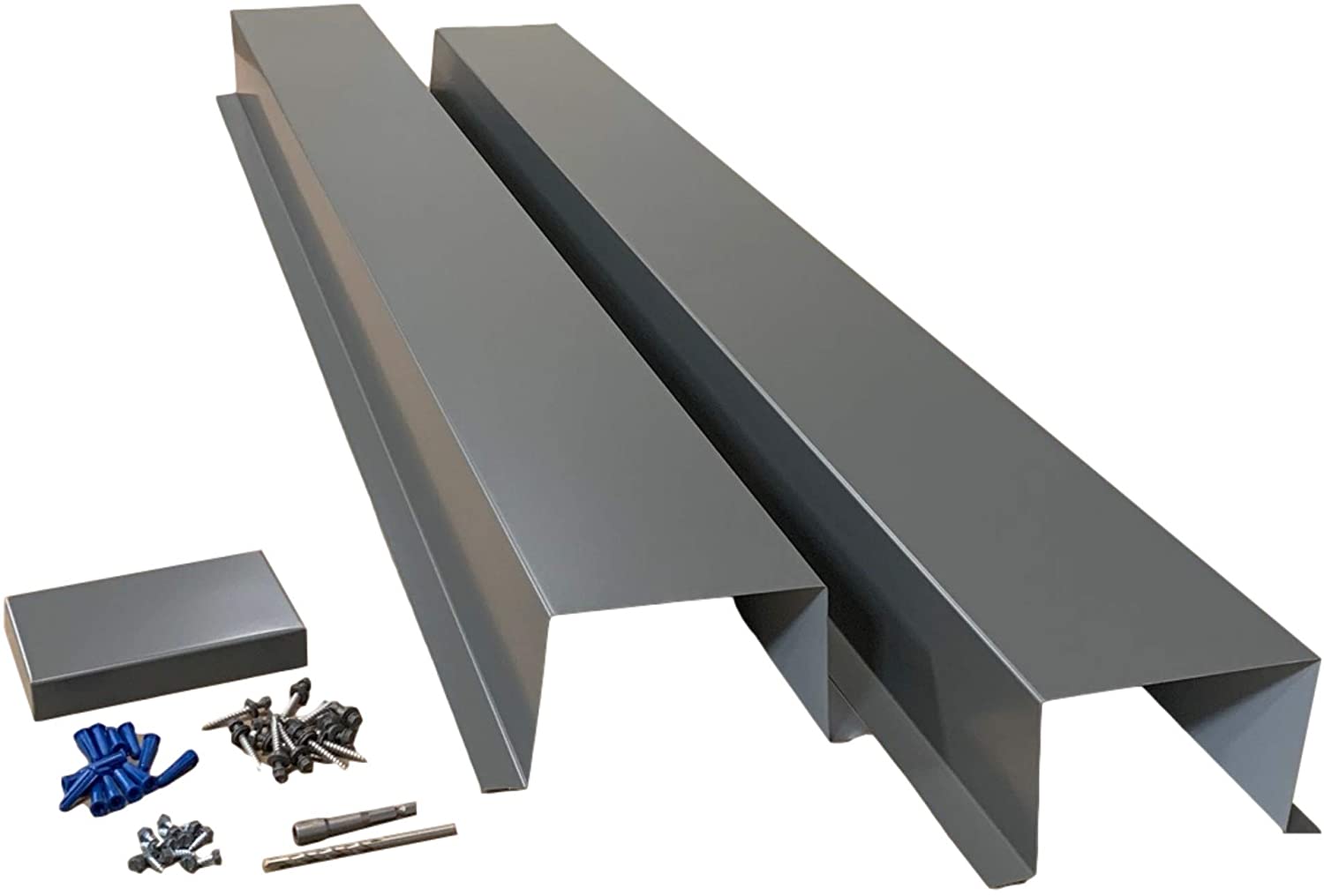 A PermaCover HVAC Line Set Cover that consists of two 5 FT sections. The cover is meant to install to extend existing HVAC line sets.  The cover is made from 26 Gauge Painted Steel in the color Charcoal Gray. 