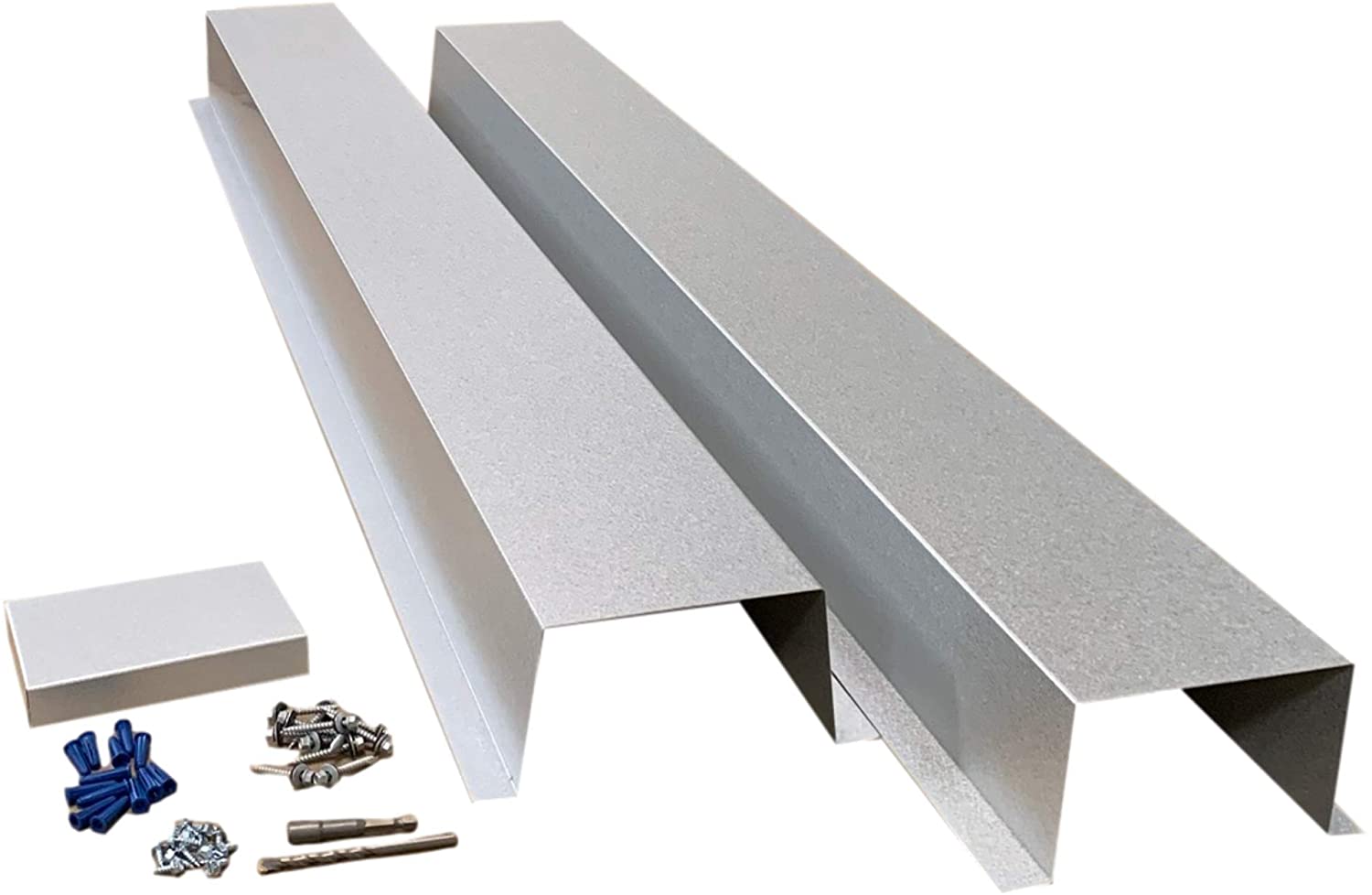 A PermaCover HVAC Line Set Cover that consists of two 5 FT sections. The cover is meant to install to extend existing HVAC line sets.  The cover is made from 26 Gauge Galvalume Steel. 