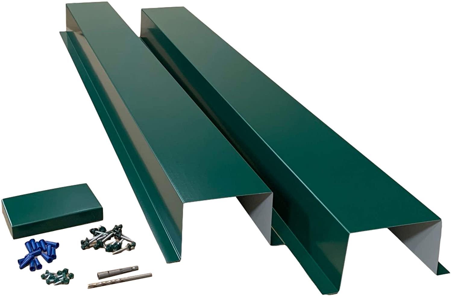 A PermaCover HVAC Line Set Cover that consists of two 5 FT sections. The cover is meant to install to extend existing HVAC line sets.  The cover is made from 26 Gauge Painted Steel in the color Forest Green. 