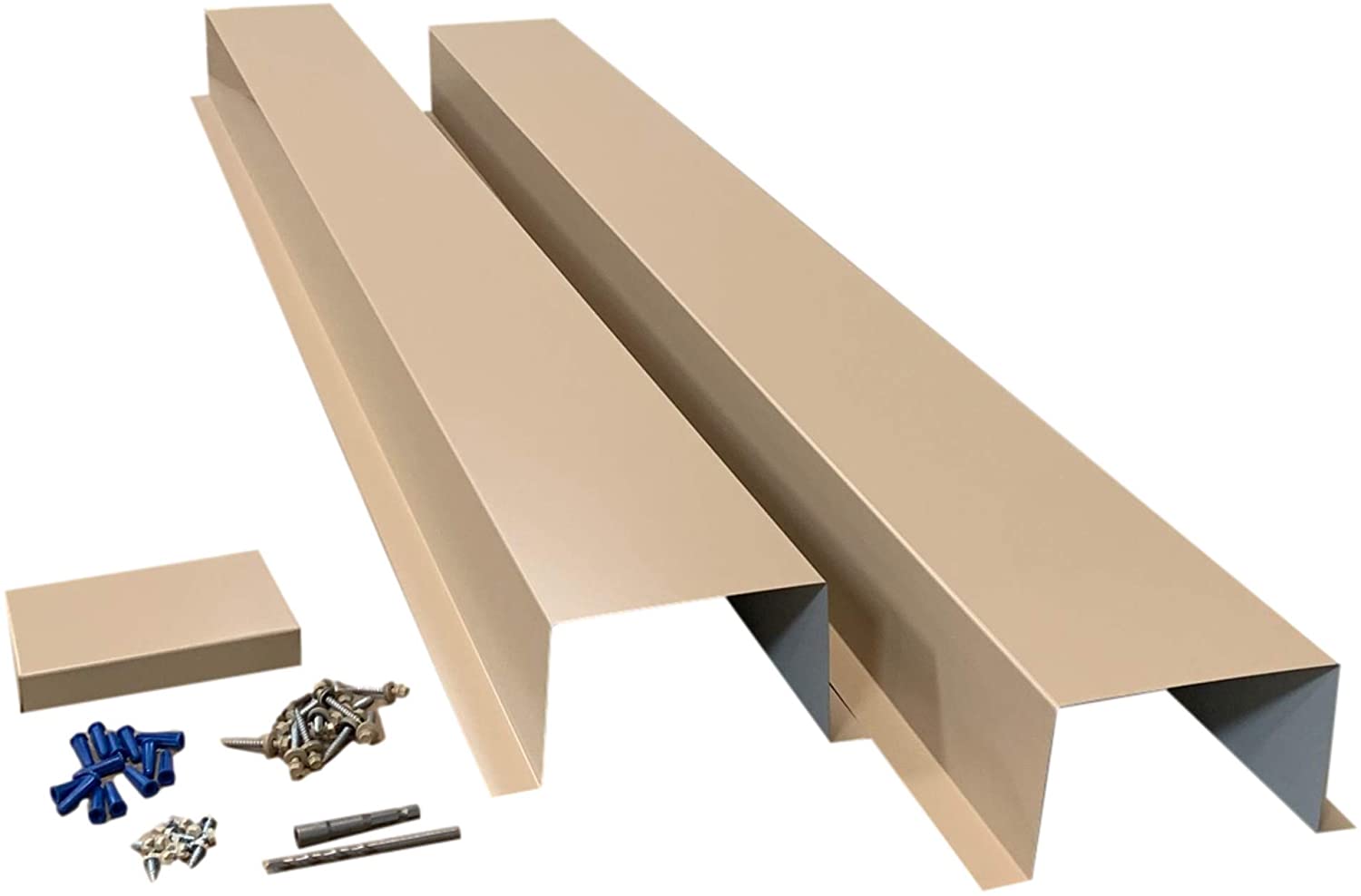 A PermaCover HVAC Line Set Cover that consists of two 5 FT sections. The cover is meant to install to extend existing HVAC line sets.  The cover is made from 26 Gauge Painted Steel in the color Sahara Tan. 