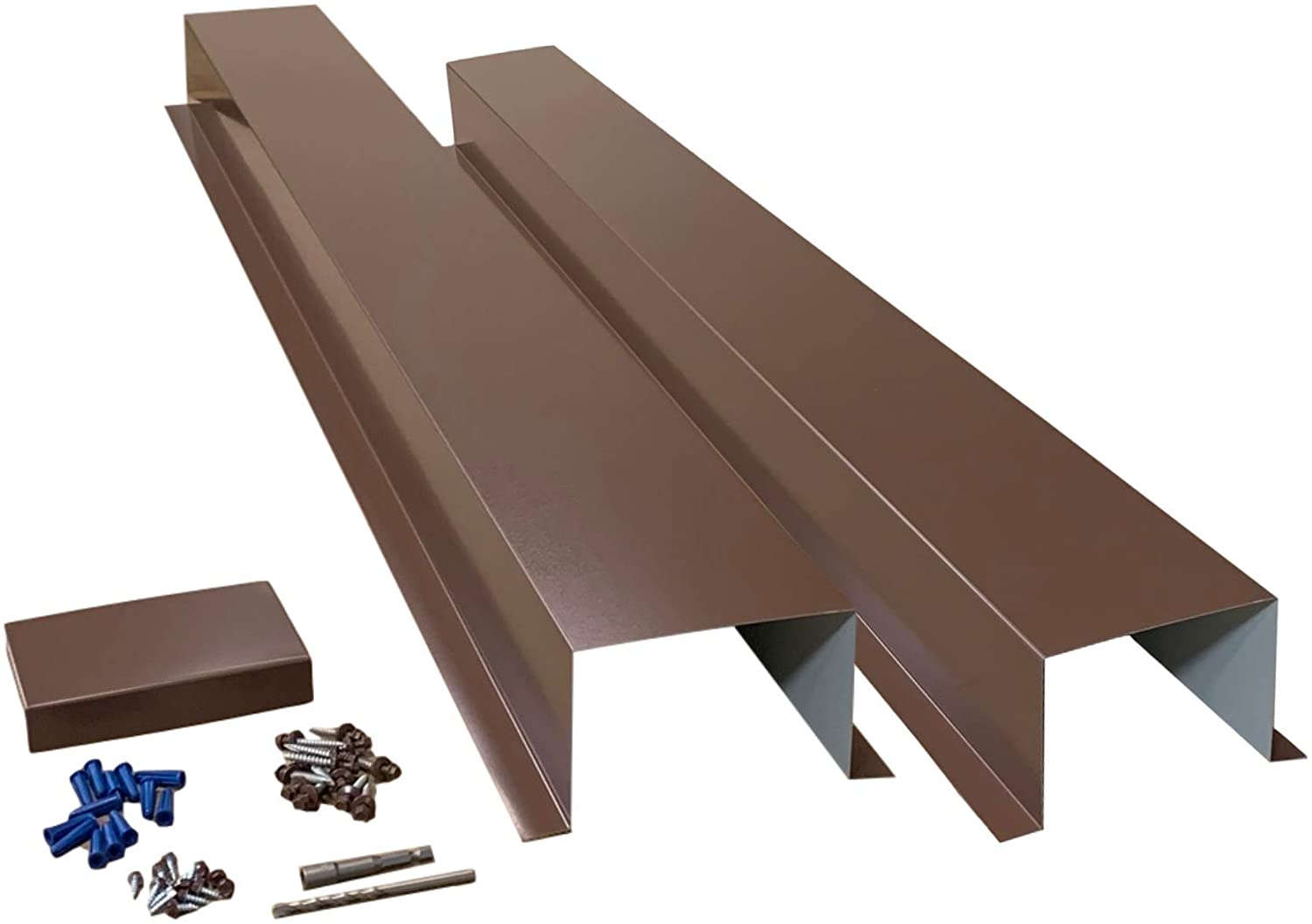 A PermaCover HVAC Line Set Cover that consists of two 5 FT sections. The cover is meant to install to extend existing HVAC line sets.  The cover is made from 26 Gauge Painted Steel in the color Brown. 