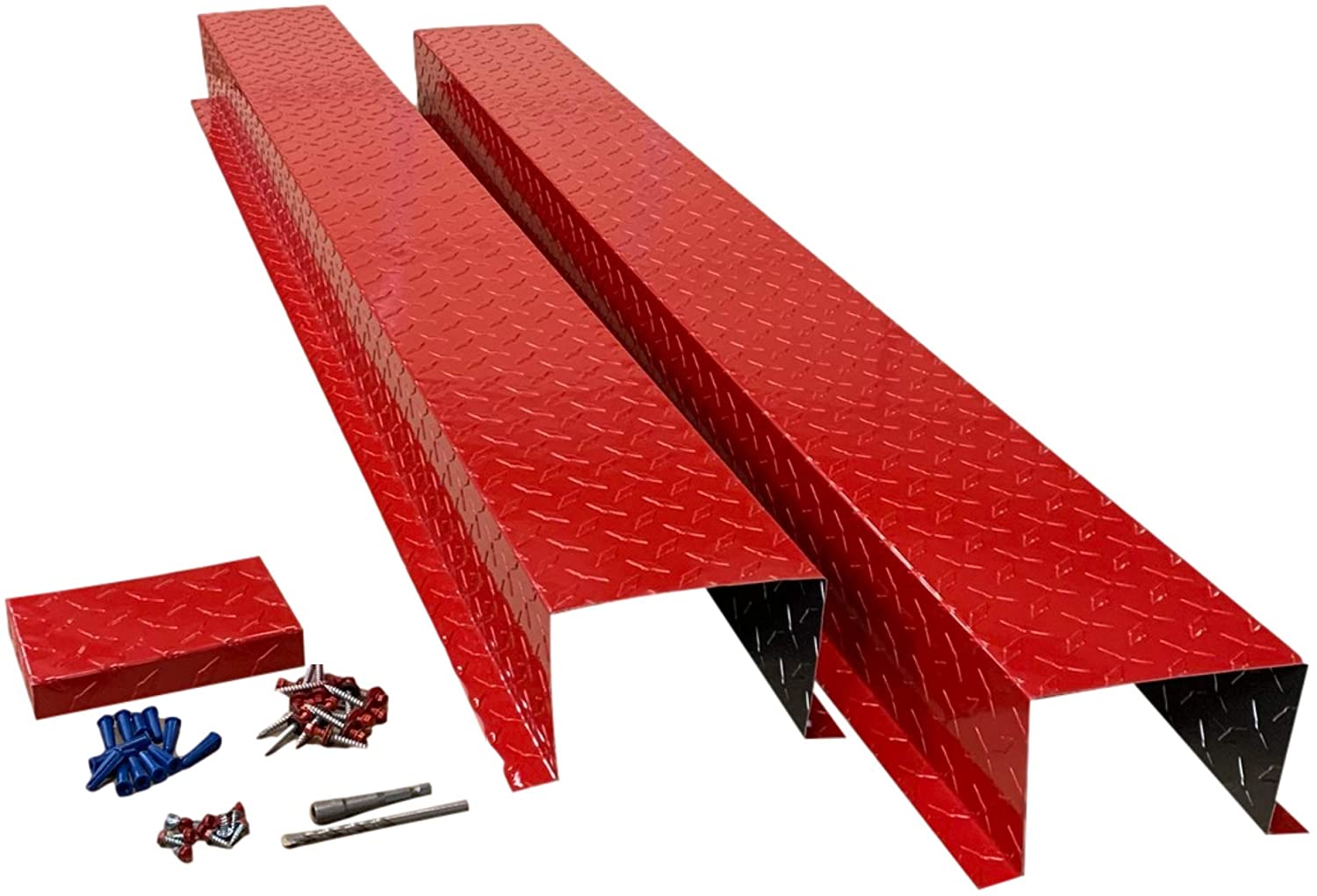 A PermaCover HVAC Line Set Cover that consists of two 5 FT sections that telescope together. The cover kit includes end caps, fasteners, and drivers. The cover is made from 0.025 inch Aluminum Diamond Treadplate and is Red in color. 