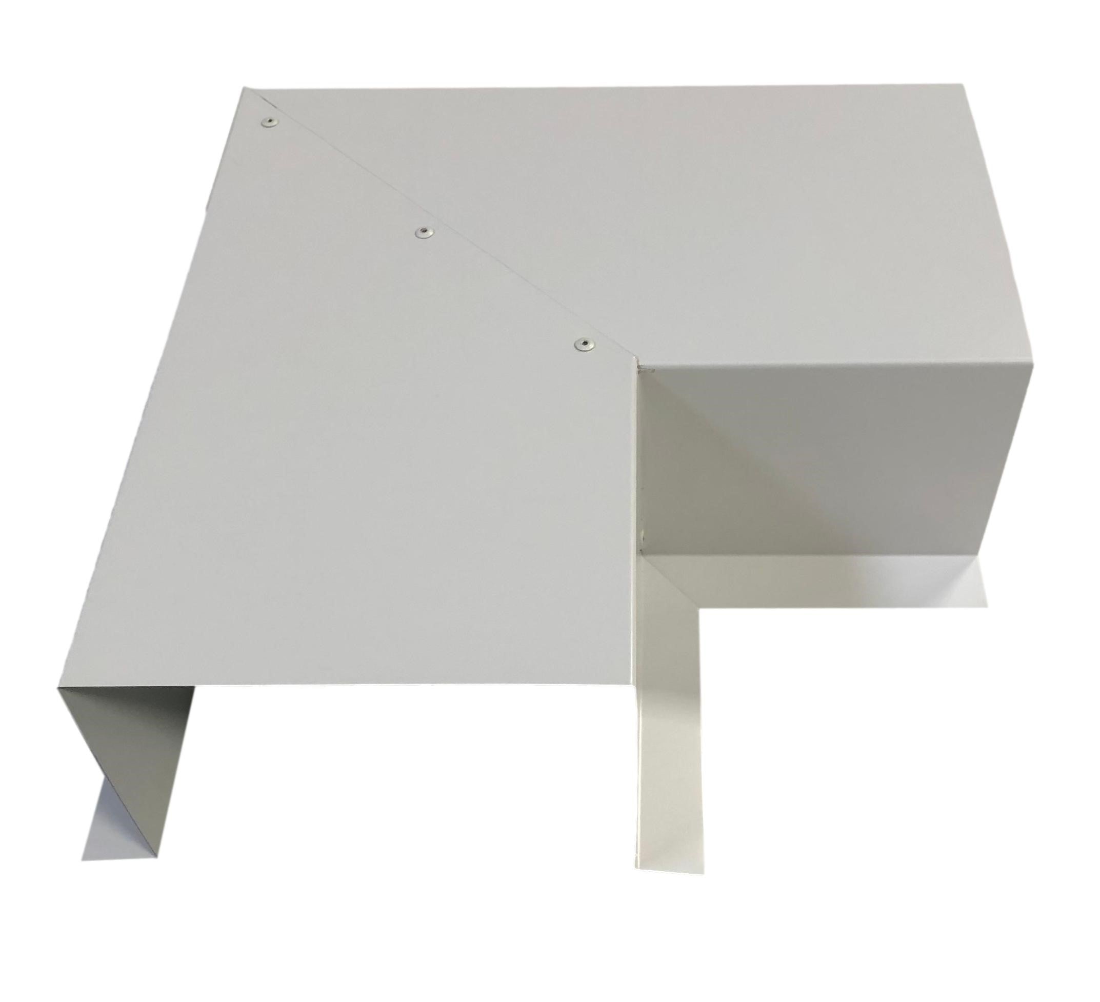 A PermaCover Metal HVAC Line Set Cover 90° Side Turning Elbow that is made to attach to exterior walls to cover existing HVAC line sets. The elbow is made from 26 Gauge Painted Steel and is White in color. 