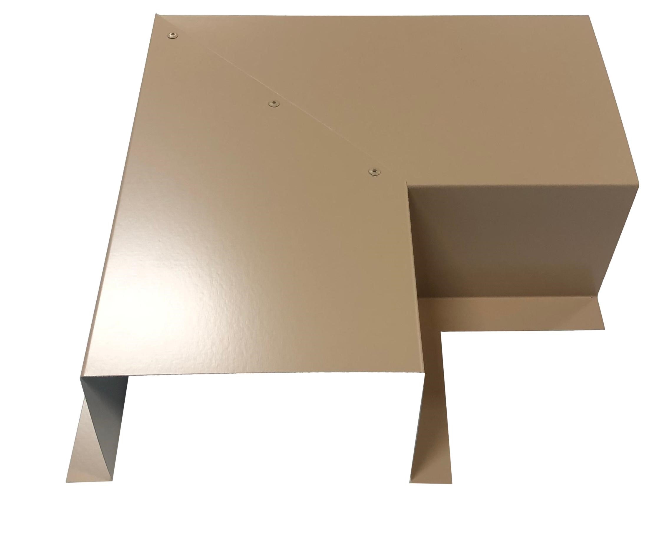 A PermaCover Metal HVAC Line Set Cover 90° Side Turning Elbow that is made to attach to exterior walls to cover existing HVAC line sets. The elbow is made from 26 Gauge Painted Steel and is Sahara Tan in color. 